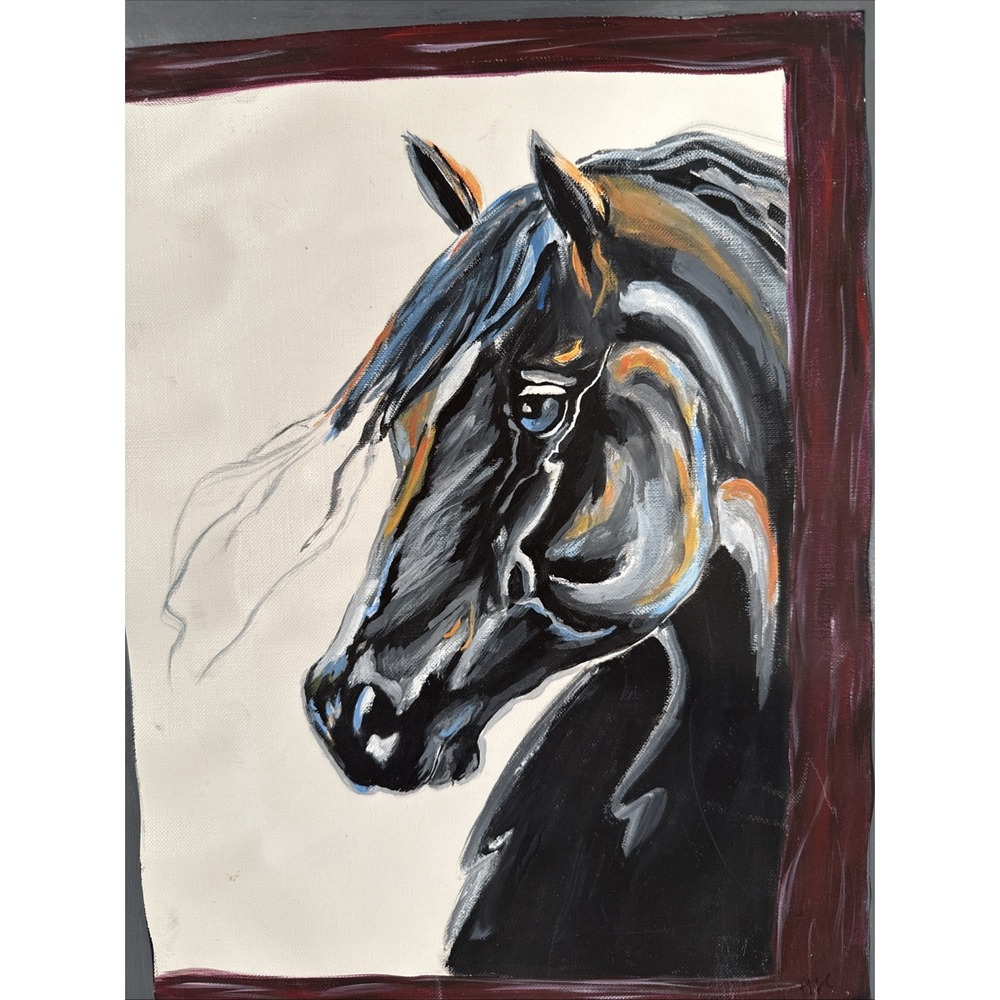 Original Black Arabian Horse‎ Portrait Painting On Paper/Cardboard-Pops Of Color